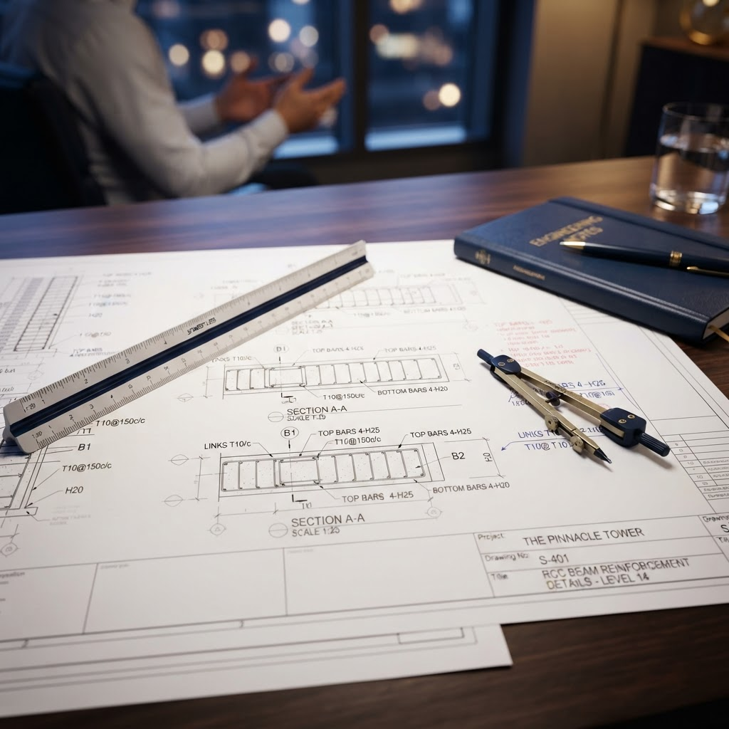 Structural engineering blueprints with drafting tools