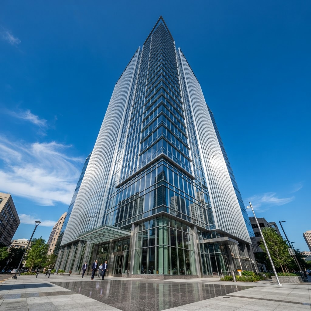 Modern commercial glass and steel office tower