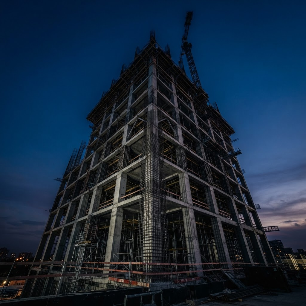 Reinforced concrete and steel structural frame under construction