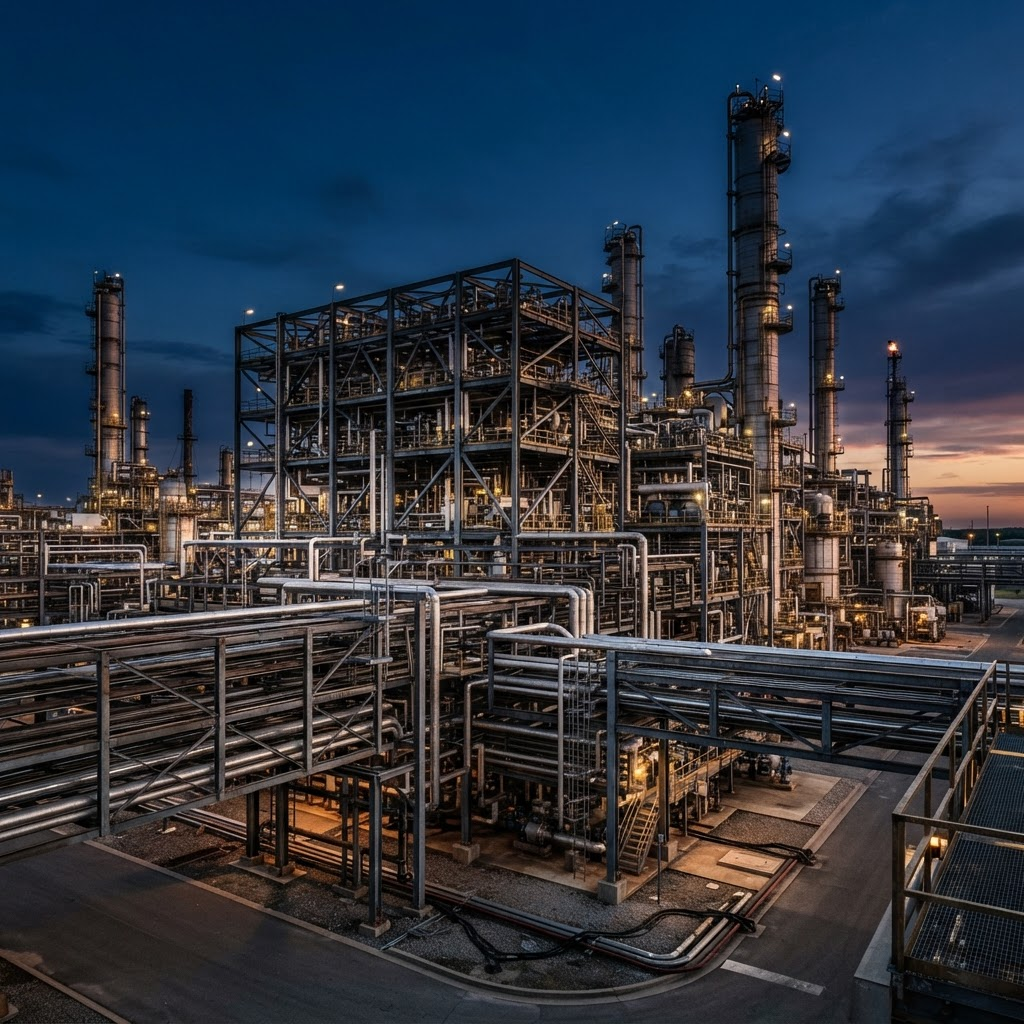 Industrial oil and gas refinery steel structural framework